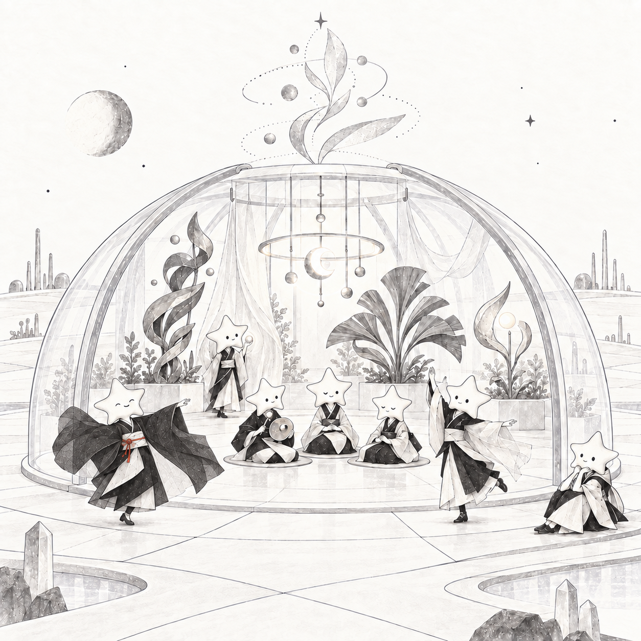 植物に囲まれた透明なドームの中で、星頭の住人たちが音や光を通じて体験を共有している。