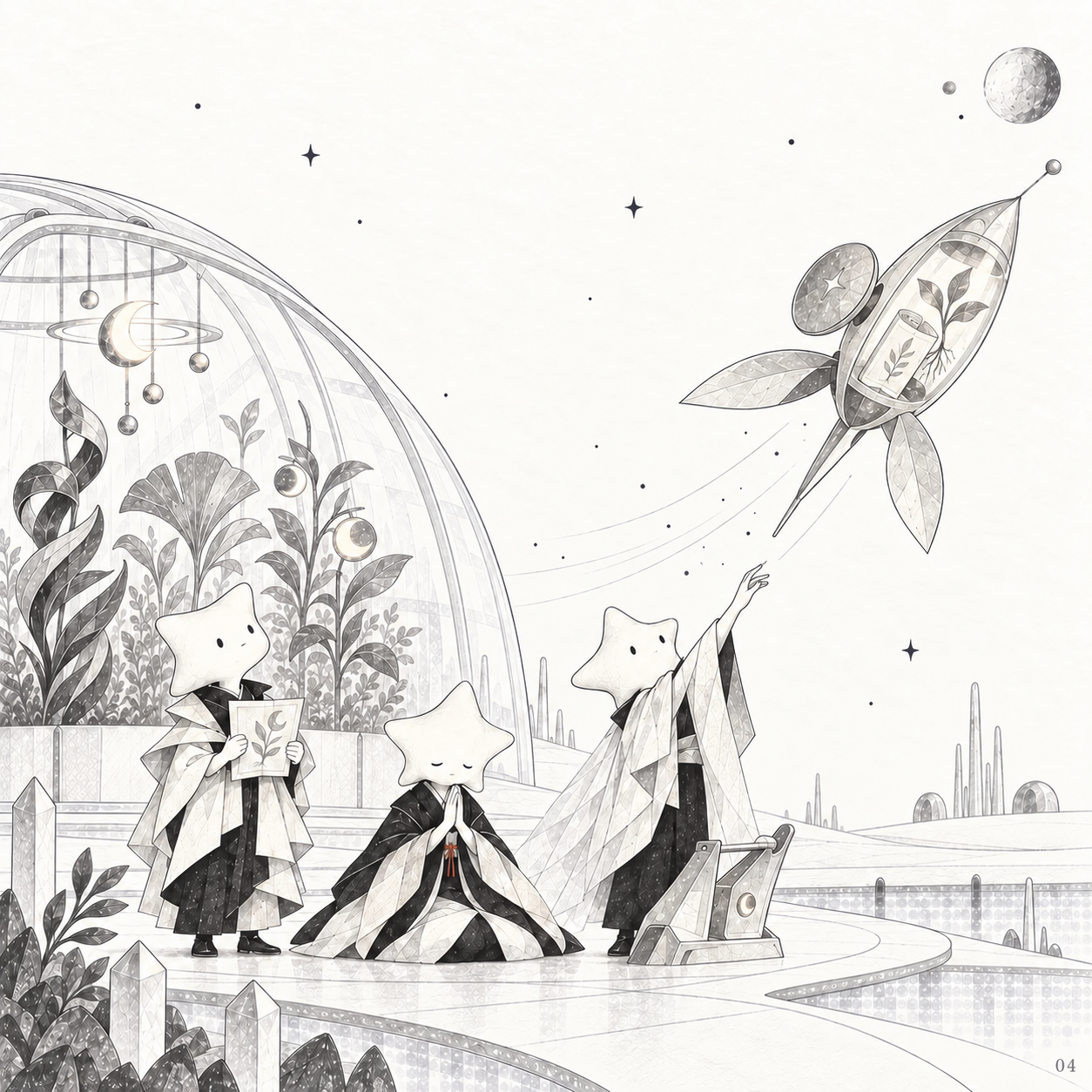 庭で生まれた記録と植物の種を探査船に載せ、星頭の住人たちが次の星へ送り出している。